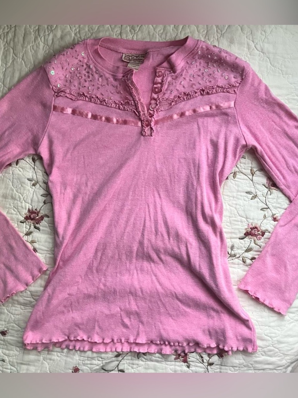 2000s Pink Embellished Long Sleeve Henley Top